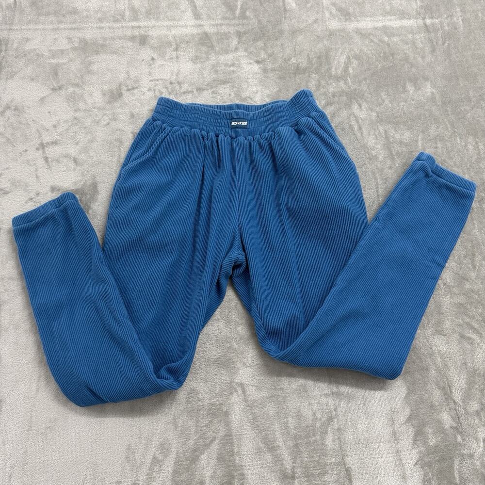Bo+Tee Womens Ribbed Knit High Waisted Joggers Blue Sweatpants Size M